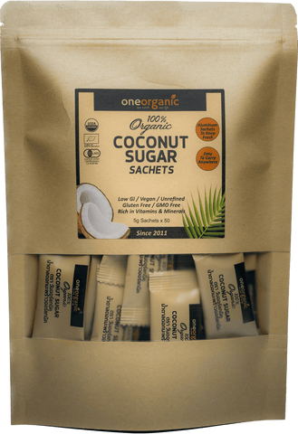 One Organic วัน ออร์แกนิค น้ำตาลมะพร้าวออร์แกนิคcแบบซอง Coconut Sugar (5g x 50 Sachets) (1 Pouch) - Organic Pavilion