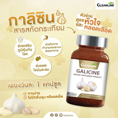 GLEANLINE ผลิตภัณฑ์เสริมอาหาร กาลิซิน สารสกัดจากกระเทียม 500 มก. Galicine (Dietary Supplement Product) (30 Capsules) - Organic Pavilion