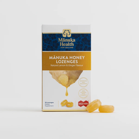 Manuka Health Mānuka Honey Ginger & Lemon Lozenges (15 Tablets) มานูก้า เฮลท์ ยาอม น้ำผึ้งมานูก้า รสขิงและเลม่อน (15 เม็ด) - Organic Pavilion