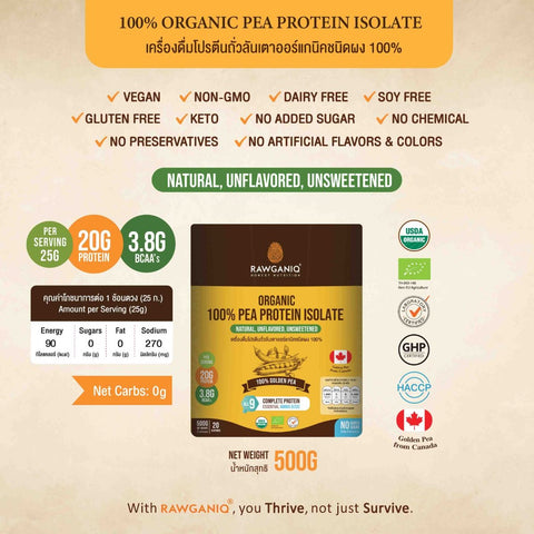 Rawganiq Organic Pea Protein Isolate No Sugar Added โปรตีนถั่วลันเตาออร์แกนิค 100% รสธรรมชาติ (ไม่มีน้ำตาล) (500g)