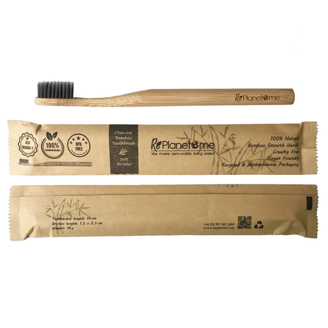 RePlanetMe Bamboo Charcoal Toothbrush Soft Bristles แปรงสีฟันไม้ไผ่ชาร์โคลขนนุ่ม (15 g) - Organic Pavilion